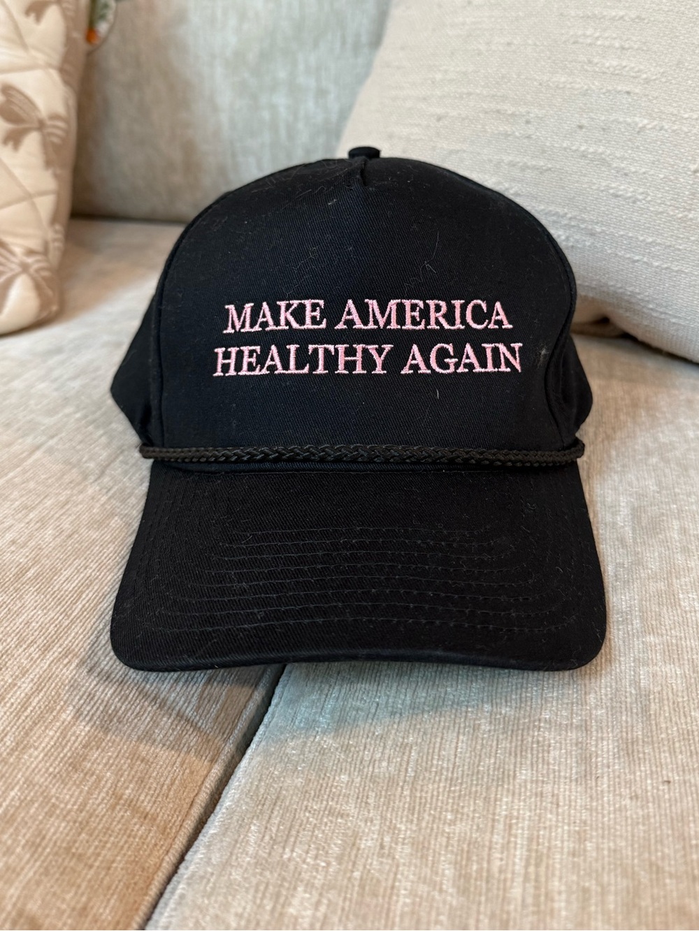 Black 'Make America Healthy Again' Hat with Pink Embroidery